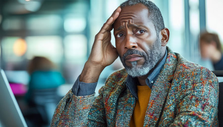 Stressed businessman with headache at work, touching forehead in frustration inside busy office.の素材