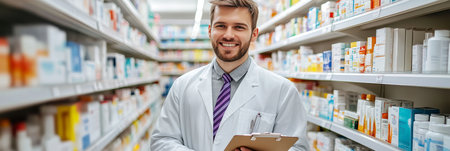 Smiling Pharmacist Holds Clipboard, Pharmacy Aisle Stocked With Medication in Backgroundの素材