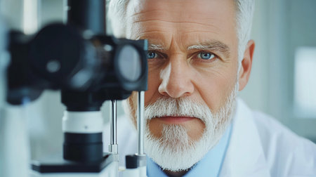 Senior Man Undergoing Eye Examination With Modern Slit Lamp Healthcare And Vision Conceptの素材