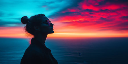 Woman Silhouette at Sunset, Ocean Tranquility, Peaceful Meditation, Colorful Sky, Profile Viewの素材