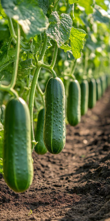 Green cucumbers grow in rows. Plantation of cucumbers in the garden. Healthy eating concept.の素材