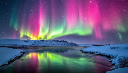 Green, Purple Aurora Borealis Lights Dance over Snowy Mountains and River, Iceland Winter Wonderlandの素材