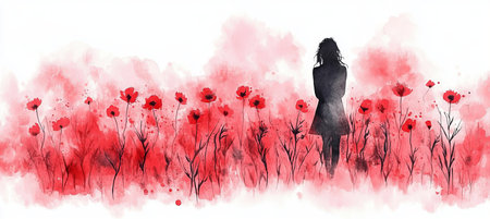 Silhouette of a Lonely Girl Amidst Watercolor Red Poppies Sadness, Loss, Remembranceの素材