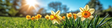 Spring Meadow, Vibrant Yellow Daffodils Bathed in Sunlight, Lush Green Meadow, Serene Blue Skyの素材
