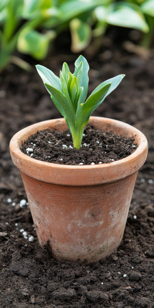 Single Sprout In Aged Flower Pot Gardening, Growth, Springtime Concept, 86 Charactersの素材
