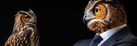Owl in Business Suit, Anthropomorphic Portrait on Dark Background, Animal Human Hybrid Concept Artの素材