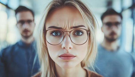 Woman Feeling Uncomfortable Between Two Men in an Open Plan Office, Workplace Harassment Concept.の素材