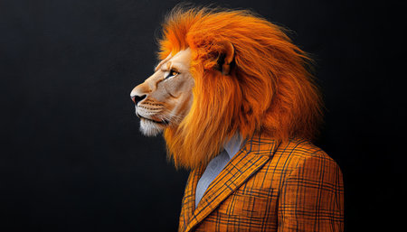 Lion in A Suit Fashion Art Portrait Of A Lion Wearing A Yellow Suit On A Dark Backgroundの素材