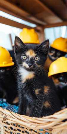 Adorable Kittens Wearing Yellow Construction Helmets, Symbolizing Safety and Playfulness.の素材