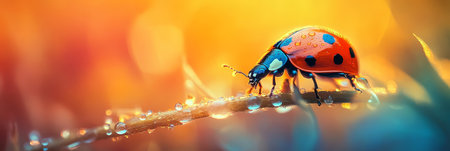 Vibrant Ladybug Exploring Dew-Kissed Grass A Macro Portrait of Nature s Beauty with Golden Lightの素材