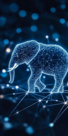 Blue Holographic Elephant in Digital Space, Symbolizing Modern Technology and Innovationの素材