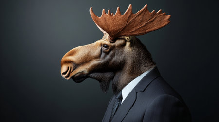 Serious Moose in Suit Portrait, Anthropomorphic Wild Animal on Dark Background, Business Conceptの素材