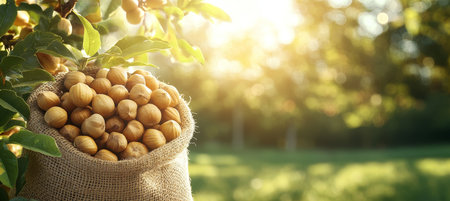 Burlap Sack Filled With Freshly Picked Hazelnuts In Orchard Sunset Sunlight, Perfect For Advertisingの素材