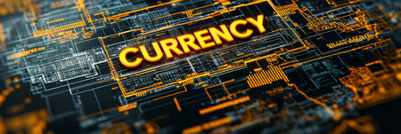 Abstract Glowing Neon Circuit Board With Currency Text, Representing Digital Currency And Finance.の素材