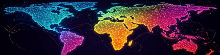 Global Connection. Colorful World Map From A Network On A Dark Background, Polygonal Designの素材
