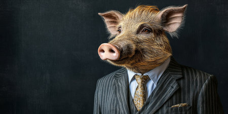 Anthropomorphic Portrait of a Wild Boar in a Formal Business Suit on a Black Backgroundの素材