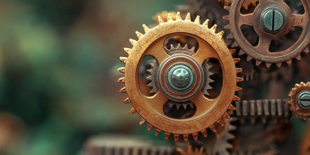Close-Up of Interlocking Metallic Gold Gears, Highlighting Intricate Details and Industrial Designの素材