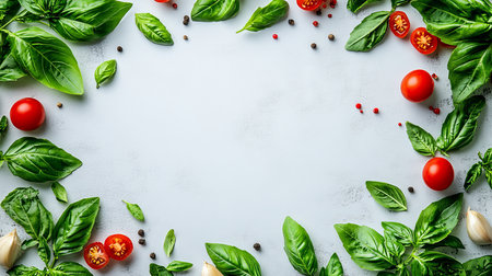 Fresh Ingredients Frame Basil, Tomatoes, Garlic, Culinary Background With Copy Spaceの素材