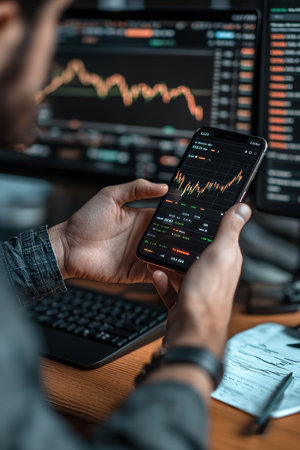 Investor analyzing financial data on mobile phone app, tracking market trends and executing tradesの素材