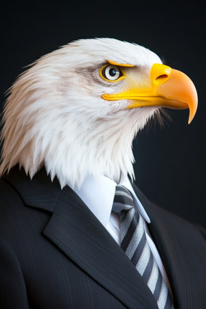 Majestic Bald Eagle Head On Businessman Suit Powerful Business Concept On Black Background.の素材