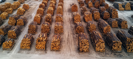 Aerial View Of Logs Cut To Size And Neatly Stacked In Rows On Pallets, Lumber Industryの素材