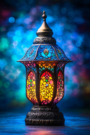 Traditional Arabic Lantern with Intricate Stained Glass Design on a Festive Bokeh Backgroundの素材