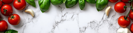 Fresh Tomatoes, Garlic, and Basil Leaves Arranged in a Border Frame on White Marble with Copy Spaceの素材
