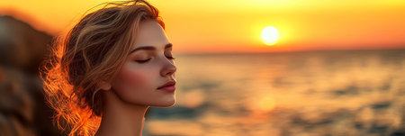 Serene Woman With Eyes Closed, Embracing Sunset Tranquility, Golden Hour, Close Up Portraitの素材