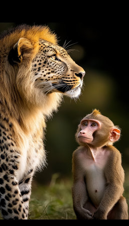 Leopard and Baboon A Striking Contrast in African Wildlife, Portrait on a Black Backgroundの素材