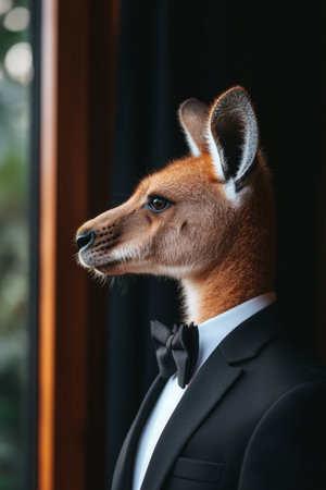 Anthropomorphic Kangaroo in Suit, Blending Animal and Human Characteristics on Dark Backgroundの素材