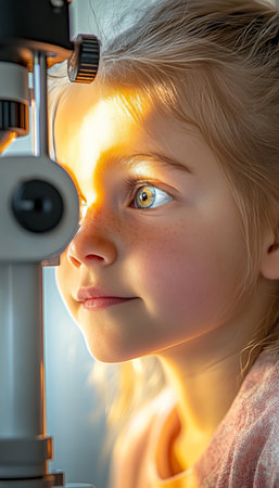 Young Girl Undergoing Comprehensive Eye Examination with Slit Lamp by Ophthalmologistの素材