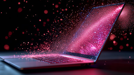 Laptop With Vibrant Pink And Blue Light Emitting Data Streams, Futuristic Technology Concept.の素材