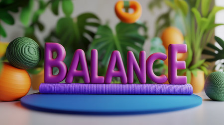 3D Render, The Word Balance Displayed With Colorful Objects Promoting A Healthy Lifestyleの素材