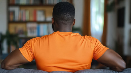 Relaxed Man, Orange Shirt, Enjoying Leisure Time at Home, Modern Living Room, Back Viewの素材