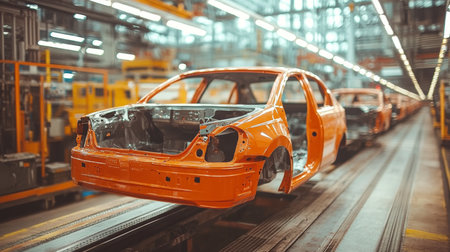 Orange Car Body in Production Line at Modern Automotive Manufacturing Factory., Automotive Industryの素材
