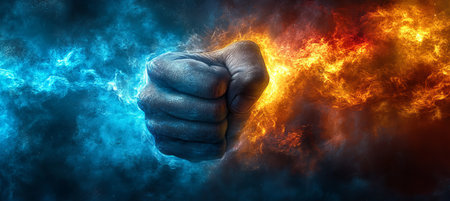 Cinematic Visuals of Elemental Collision Fiery Fist of Power Clashes with Icy Oppositionの素材