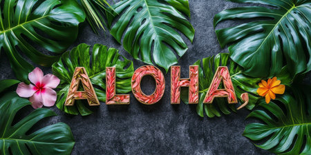 Aloha Floral Arrangement, Vibrant Summer Greeting Card, Tropical Leaves, Black Backgroundの素材