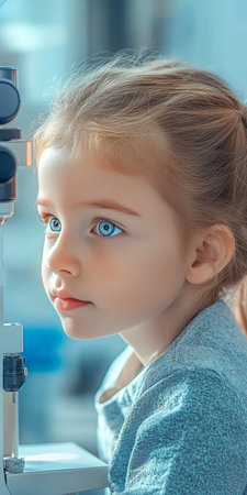 Young Girl Undergoing an Eye Examination with a Slit Lamp at the Ophthalmology Clinicの素材