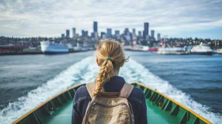 Woman on Ferry with City Skyline A Symbol of Freedom, Adventure, Exploration, and Travelの素材