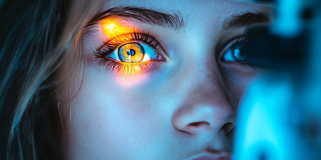 Child Undergoing an Eyesight Examination, Vision Test, Pediatric Optometry, Close- Upの素材