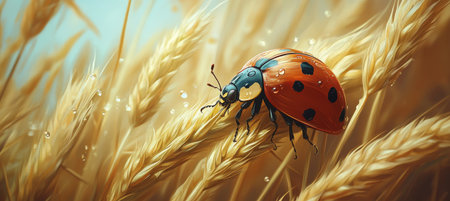 A Lucky Ladybug Perched Delicately Among Sun-Kissed Wheat Stalks on a Summer Day, Macro Viewの素材