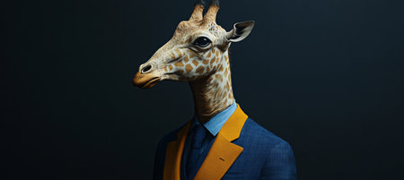 Stylish Giraffe in Blue Suit and Yellow Lapel, Anthropomorphic Portrait, Dark Backgroundの素材