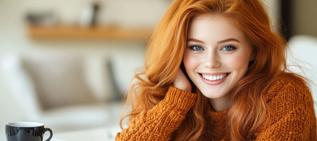 Portrait, Beautiful Woman with Long Red Hair, White Smile. Cozy Home Atmosphere, Natural Lightの素材
