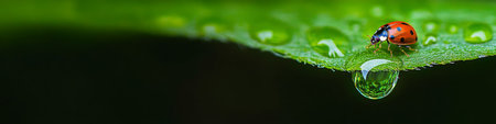 Ladybug on a Green Leaf with a Drop of Water. Beautiful Nature Background with a Red Insect.の素材