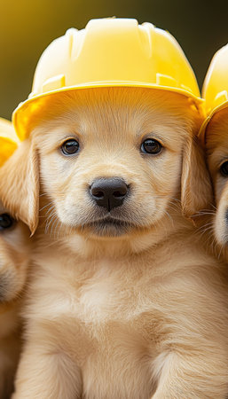 Teamwork Makes the Dream Work Adorable Golden Retriever Puppies in Construction Hatsの素材