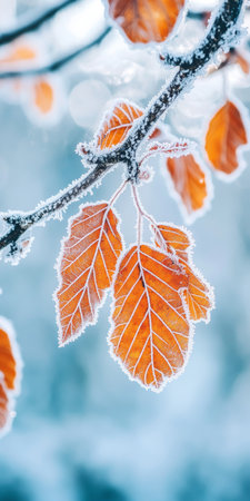 Vibrant Orange Oak Leaves Adorned with Frost on a Crisp Winter s Day in Natural Lightの素材