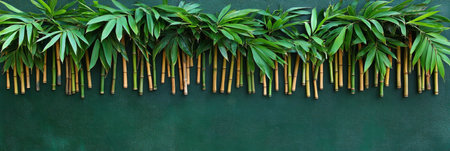 Green Bamboo Leaves And Stems Arranged Or Border Texture Against Of Green Concrete Wall Background.の素材