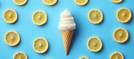 Refreshing Summer Treat Lemon Ice Cream Cone Surrounded by Fresh Lemon Slices on a Blue Backgroundの素材