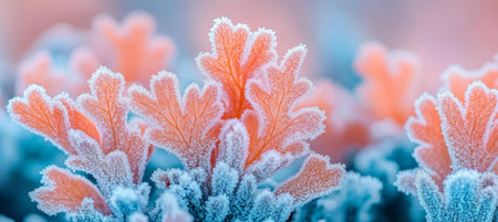 Vibrant Orange Oak Leaves Covered in Delicate Frost Crystals, Winter Wonderland Macro Photographyの素材