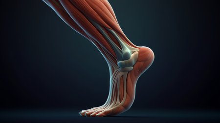 Human Leg Muscles and Tendons Anatomy. Leg Bend Illustration, Dark Background, Anatomical Study.の素材